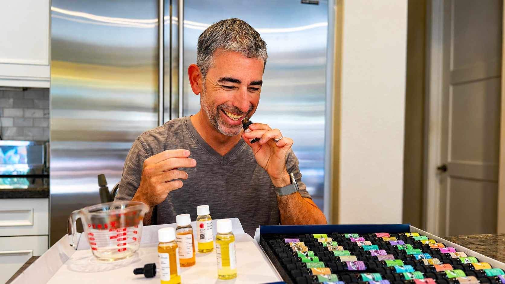 Man in a kitchen setting with various items on the counter