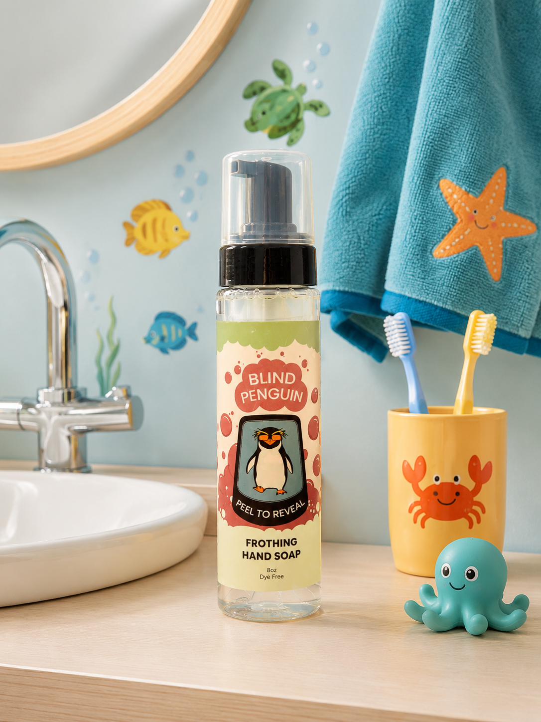Blind Penguin foaming hand soap bottle on a bathroom counter with children's items and decor.
