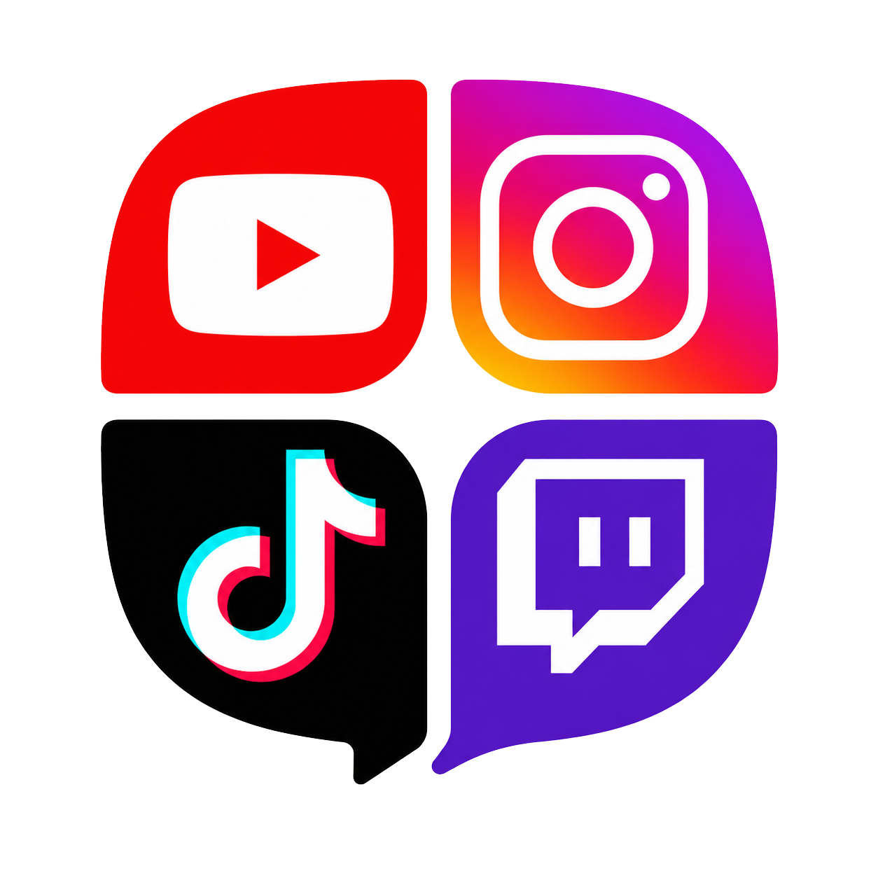 Logos of popular social media platforms arranged in a 2x2 grid on a white background.
